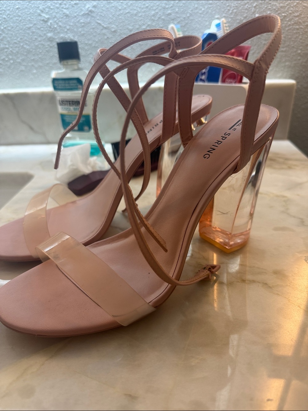Call It Spring Nude-Pink Clear Block Heel Sandals